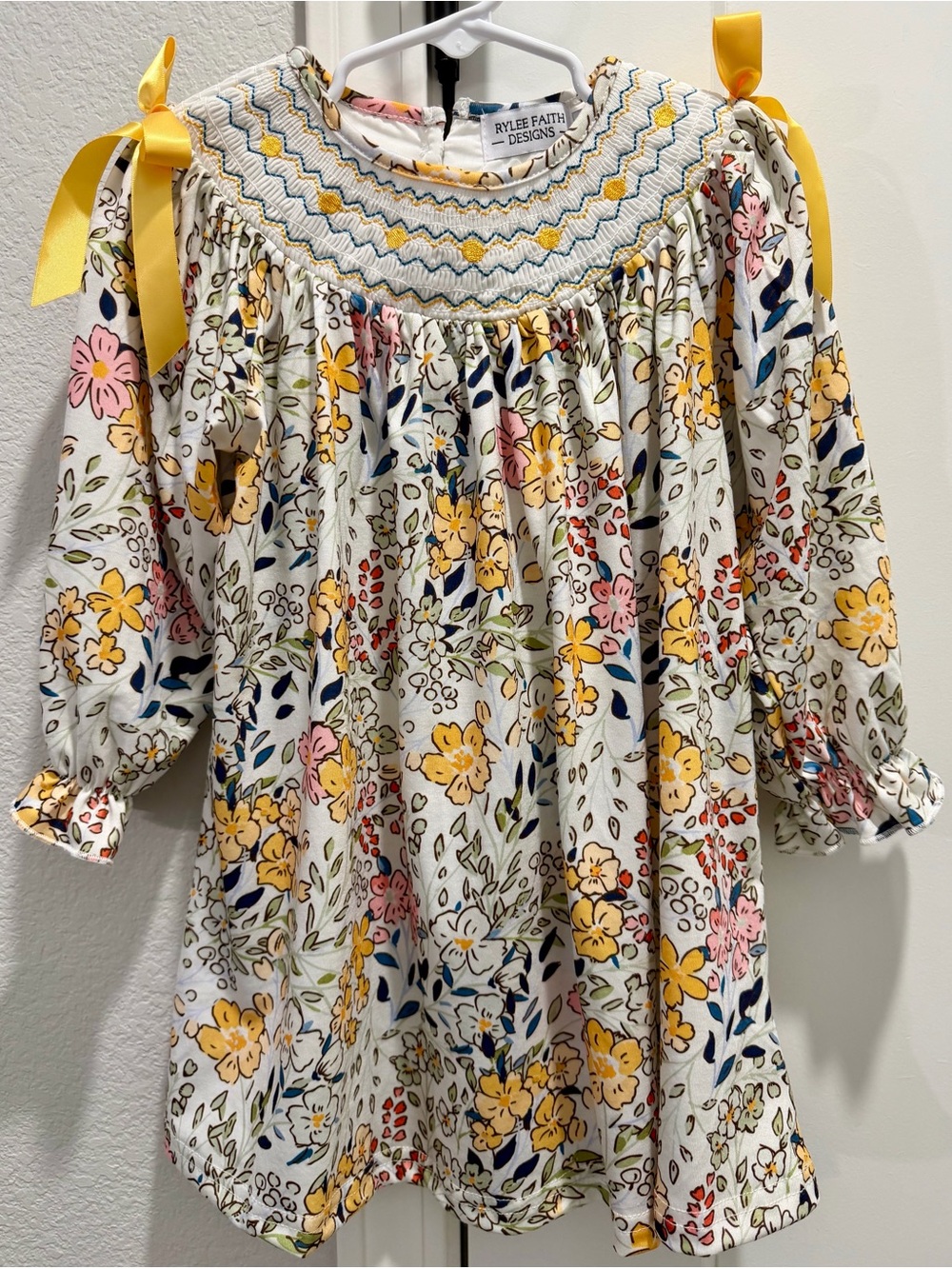 Rylee Faith Designs Yellow Pink Green Fall Floral Smocked Dress Ribbon Ties 3T